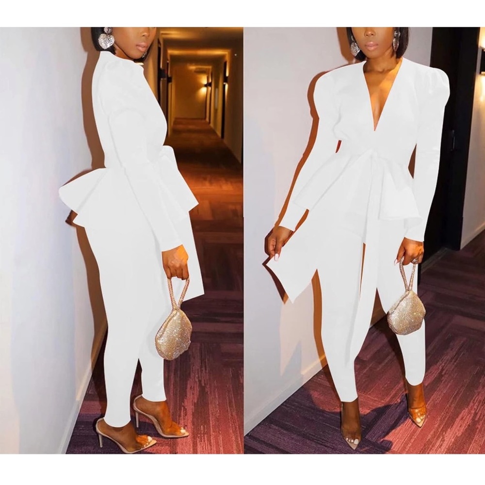Remelon 2 Piece Outfits for Women Blazer with Pants Deep V Long Sleeve Slim fit